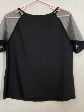 Black Mesh Sheer Sleeves Short Sleeve Blouse/Top-Large A*++